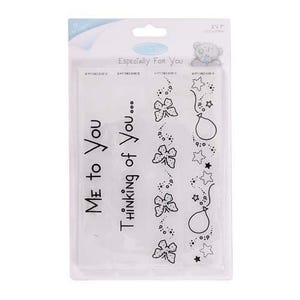 May include: Clear plastic stamp set with the words "Me to You" and "Thinking of You..." in black. The set includes floral and star designs, along with balloon illustrations. The packaging reads "Especially For You" and features a teddy bear.