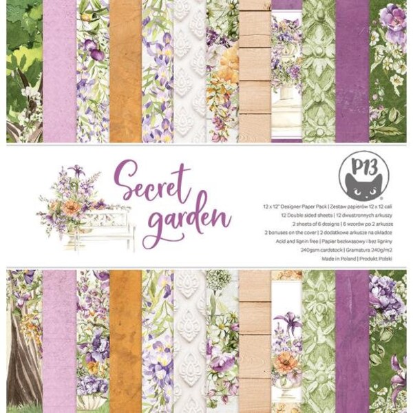 P13 - 12"x12" Designer Paper Pack- 12 Double-Sided Sheets- 240 gsm- Secret Garden