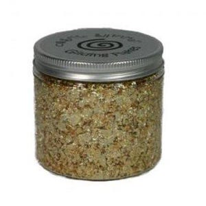 May include: A clear glass jar filled with gold glitter flakes. The jar has a silver lid with the text "Creative Glitter Flakes" and a spiral design. The glitter appears to be a mix of gold and light green.
