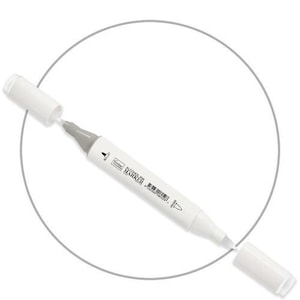 May include: A white alcohol ink marker with a gray tip and a white cap is shown. The cap is removed, revealing the marker's tip. The marker has the words "ALCOHOL INK MARKER" printed on it. The marker is designed for art and craft projects.