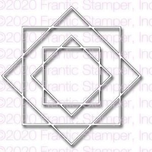 May include: A set of three nested geometric die cuts. The die cuts are square with a star-like design. The die cuts are silver and have a shadow effect. The text "2020 Frantic Stamper, Inc" is visible in the background.