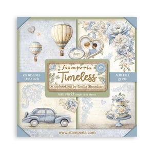 May include: A square scrapbook paper pad with a vintage theme. The design features hot air balloons, floral arrangements, a classic car, and a wedding cake. The pad measures 12 x 12 inches and includes the text "Timeless".