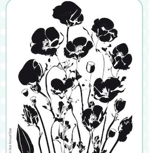 May include: A black and white stamp featuring a poppy patch design. The stamp includes several poppy flowers in various stages of bloom, with stems and leaves. The text "Background Stamp" and "CER058 - Poppy Patch" are visible.