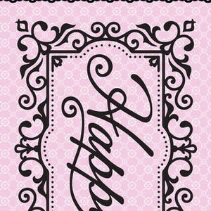 May include: A black and white embossing folder with a decorative frame and the word "Happy" inside. The folder is 4 1/8 inches by 5 1/8 inches.
