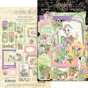 Puede incluir: Una colección de etiquetas y marcos decorativos de cartón con temática floral. Las etiquetas y los marcos presentan imágenes de flores, casas para pájaros y escenas de jardín en colores pastel. El texto "Grow with Love" es visible.