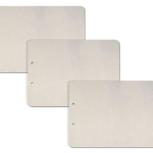 May include: Three off-white rectangular cardstock sheets with rounded corners and pre-drilled holes for binding. The sheets are arranged in a layered, descending order, showcasing their varying sizes and textures.