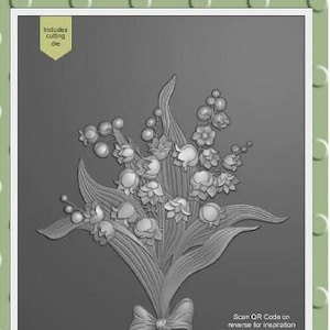 May include: A gray A6 embossing folder featuring a detailed Lily of the Valley design. The image includes the text "LISA HORTON - CRAFTS" and "LILY OF THE VALLEY". The folder is designed to create high-quality dimensional embossing.