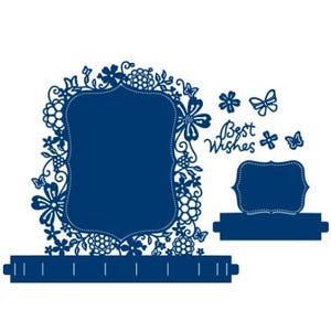May include: A die-cut card set in navy blue, featuring a floral frame with butterflies and the words "Best Wishes." Includes additional decorative elements and a base for the card.