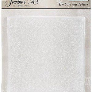 May include: A clear plastic embossing folder by Jeanine's Art Christmas Classics featuring a detailed, intricate swirling floral pattern. The product is packaged on a branded cardboard backing with a barcode and the text Embossing folder.