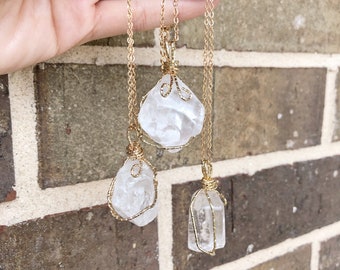 Gold Necklace Clear Quartz Stone Pendant Tassels Bohemian Style Inspired