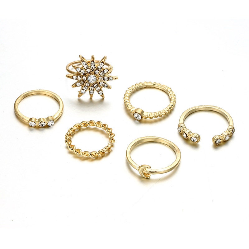 6 pcs boho ring set star moon crystal bohemian jewelry | Etsy