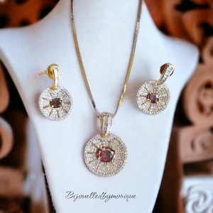Dark Purple maroon Colored Crystal Necklace Set, Dainty Wedding Jewelry, CZ Pendant and Earrings Set&quot;