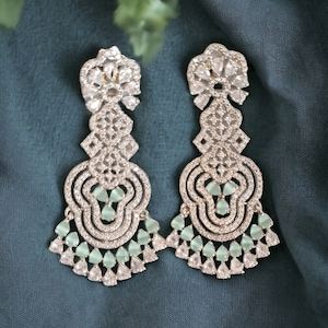 Mint Green Chandelier Earrings, Bride Drop Long Earrings, Elegant Wedding Crystal Jewelry, Crystal Earrings, Bridal Wear, Bridesmaid