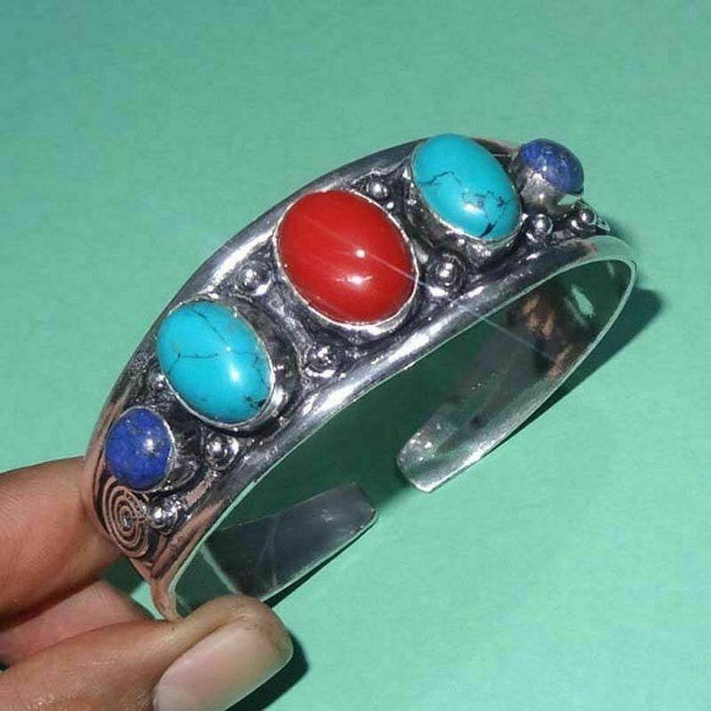 Turquoise,Coral Lapis Lazuli Bangle Cuff Lapis Lazuli Bangles Cuff Bracelet Cuflink,Silver Plated Bangle Jewellery,Multi Stone Bangle