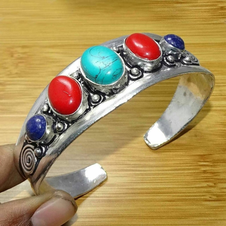 Turquoise,Coral Lapis Lazuli Bangle Cuff Lapis Lazuli Bangles Cuff Bracelet Cuflink,Silver Plated Bangle Jewellery,Multi Stone Bangle