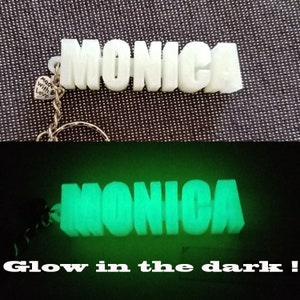 May include: White plastic keychain with the name "MONICA" in block letters. The keychain glows green in the dark. The keychain has a small charm that says "Made with Love".