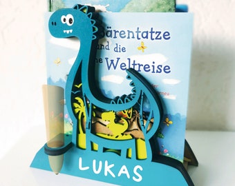 Bücherständer DINO inkl. Stifthalterung, Dinosaurier, Buchhalterung, Stifthalterung, Geschenk, Kinder, Lasercut, Kinderbücher, Buchstütze