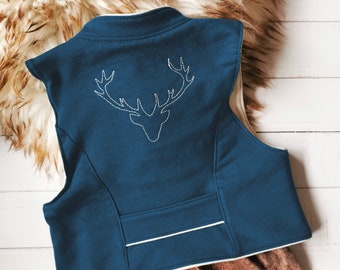 May include: A dark blue sleeveless vest featuring a white embroidered deer antler outline on the back. The vest has a high collar, white piping trim along the edges, and a horizontal pocket detail at the lower back section of the garment.