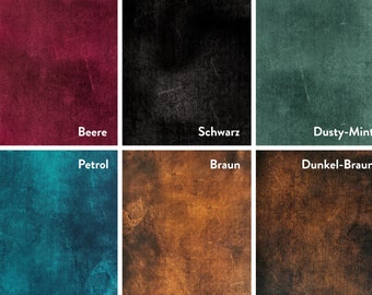 May include: A grid of six textured fabric swatches in berry, black, dusty mint, petrol, brown, and dark brown. Each square features a distressed, weathered appearance with visible scratches and color variations, labeled Beere, Schwarz, Dusty-Mint, Petrol, Braun, and Dunkel-Braun.