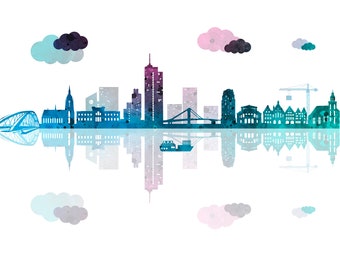 May include: A watercolor painting of a city skyline with a bridge, buildings, and clouds reflected in the water. The buildings are in shades of blue and green, and the clouds are in shades of pink and blue.