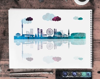 May include: A watercolor painting of a city skyline with a Ferris wheel, buildings, and clouds. The skyline is reflected in the water below. The painting is on a white sheet of paper.