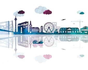May include: Watercolor illustration of a city skyline in shades of blue and teal, with a reflection below. Features a bridge, tower, Ferris wheel, and other buildings. Includes clouds and an airplane. A decorative piece for home decor.