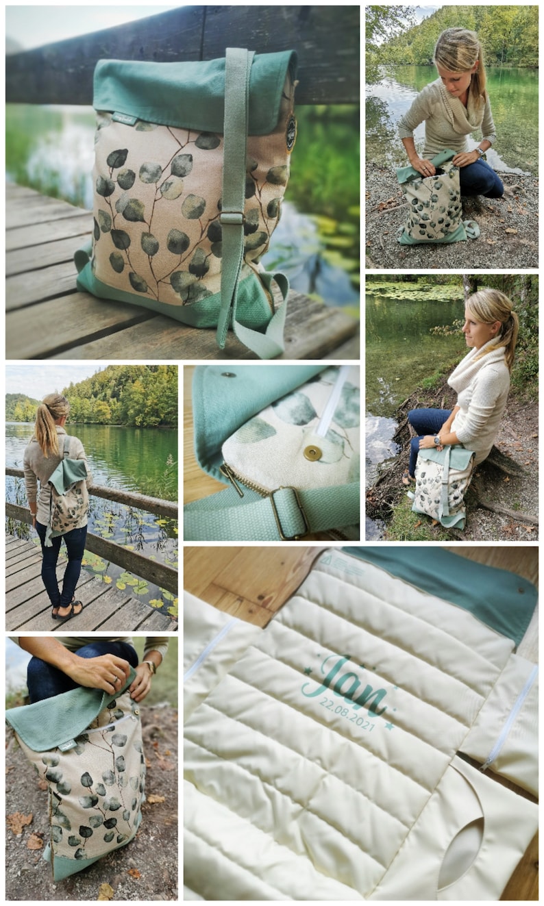 May include: A green and beige canvas bag with a leafy pattern and a zipper closure. The bag has a long adjustable strap and is shown in various settings, including a woman wearing it and a close-up of the fabric.