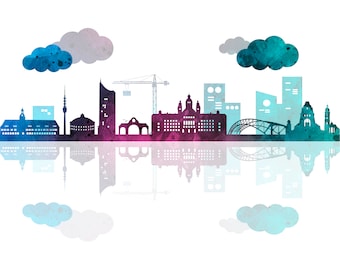 May include: A watercolor illustration of a city skyline with buildings, a bridge, and clouds. The skyline is reflected in the water below. The colors are blue, green, and purple.