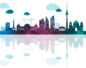 May include: Watercolor painting of the Berlin skyline with a reflection in the water below. The skyline includes the Brandenburg Gate, the Reichstag Building, and the Berlin Cathedral. The painting is in shades of blue, purple, and green.