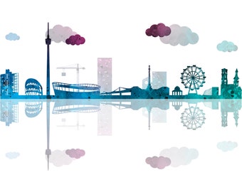 May include: A watercolor illustration of a city skyline with a Ferris wheel, buildings, and a tower. The skyline is reflected in the water below. The illustration is in shades of blue and purple.