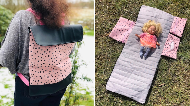 May include: A pink and black polka dot backpack with a black flap. A doll is lying on a pink and white patterned sleeping mat with a gray quilted center.