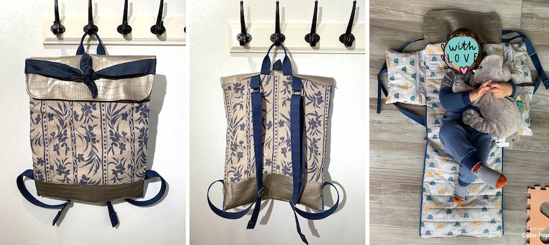 May include: A beige and blue patterned backpack with a gold flap and navy blue straps. The backpack is hanging on a hook. The backpack is also shown laid flat on a patterned mat with a child lying on top of it. The child is holding a stuffed animal and has a sticker on their face that says "with love".