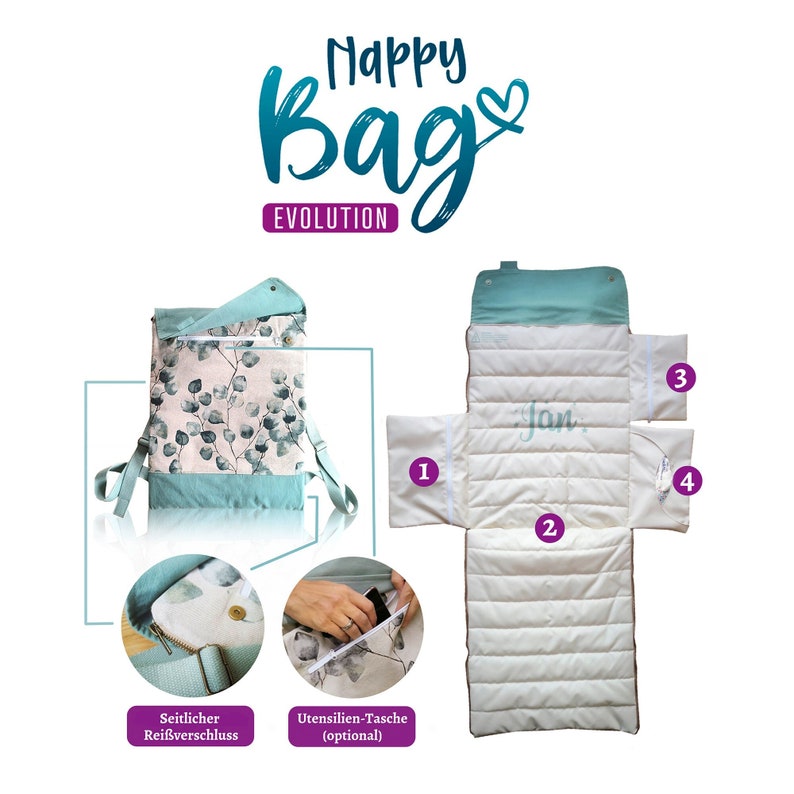 May include: A light blue and white patterned diaper bag with a zippered pocket and a side zipper closure. The bag can be folded out to reveal a changing mat with a white quilted surface and four pockets. The changing mat has the name "Jan" embroidered on it.