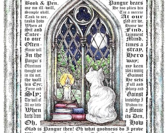Pangur Ban English text or original Old Irish text-original art print,  Celtic art,