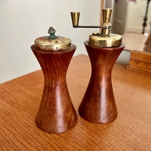 Vintage 1960s Scandinavian Danish Design MidCentury Modern Teak Brass Fittings Salt Shaker & Pepper Grinder MacinaTemperata Made In Italy