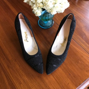 Vintage Black Beaded Shoes Pumps Midcentury 1950s Hong Kong Arts Shoe Co.