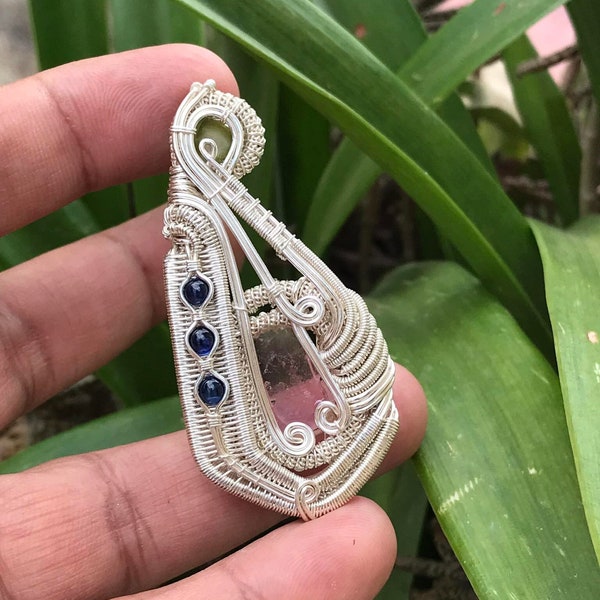 Sterling Silver Pendant Sapphire Pendant watermelon Tourmaline Wire Wrapped Pendant Jewelry Mother Day Gift