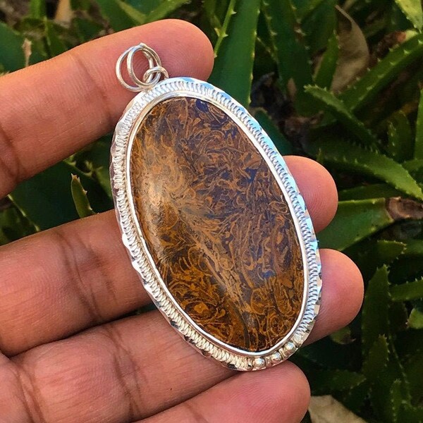 Sterling Silver & 14K Gold Marium Fossil Agate Pendant Forged Carved Pendant Artisan Jewelry Natural Marium Fossil Necklace Mother Day Gift