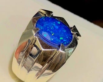 Blue Fire Opal in Sterling Silver Ring, Unisex Handmade Ring Valentine's Day Gift