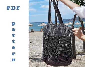 Reusable tote crochet pattern. Large cotton grocery bag with long handles. Zero waste living