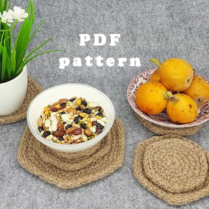Crochet jute hexagon coasters, geometric honeycomb pattern for beginner. 3 sizes. Zero waste living