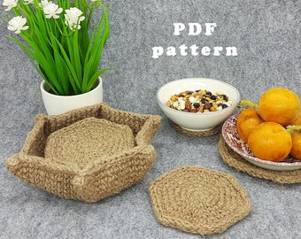 Jute hexagon coasters with holder, Crochet pattern for beginner. Zero waste living