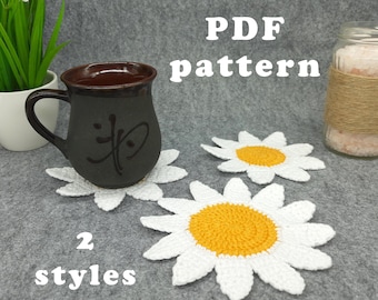 Crochet daisy coasters pattern for beginner DIY easy flower Farmhouse kitchen decor