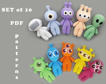Crochet aliens and astronaut SET Amigurumi pattern for beginners Little green men Space nursery decor