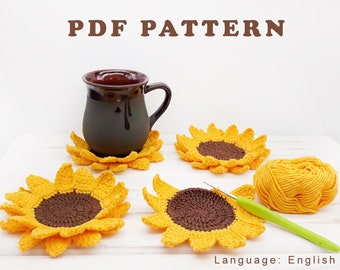 Crochet sunflower coasters pattern for beginner DIY easy flower Farmhouse kitchen decor