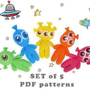 May include: Set of five crochet amigurumi alien patterns. The aliens are in different colors: green, blue, yellow, orange, and pink. Each alien has multiple eyes. The text "SET of 5 PDF patterns" is at the bottom of the image.