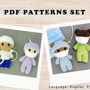 May include: Crochet patterns for making a set of three plush toys: a doctor, a nurse, and a bear. Each toy is wearing a face mask and a surgical cap. The patterns are available in English and Russian.
