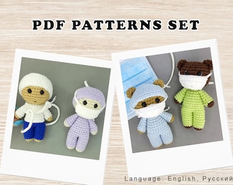 Amigurumi patterns SET. Crochet doctor / nurse / bear. Frontline hero