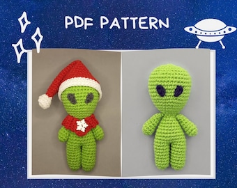 Crochet alien in Santa hat. Amigurumi Pdf pattern for beginner. Little green man