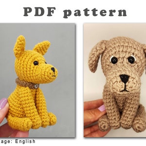 May include: Crochet pattern for a small dog amigurumi toy. The pattern includes instructions for making a yellow dog and a brown dog. The pattern is written in English.